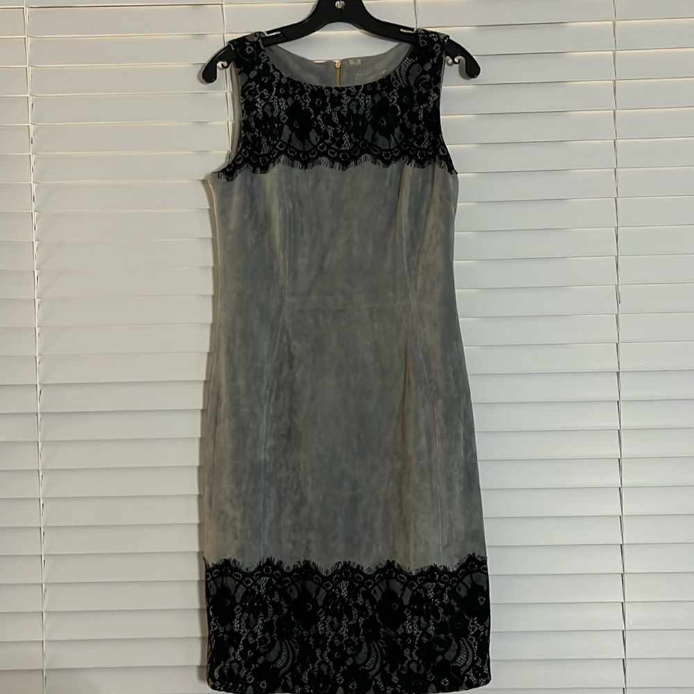 Gray with black lace trim suede dress